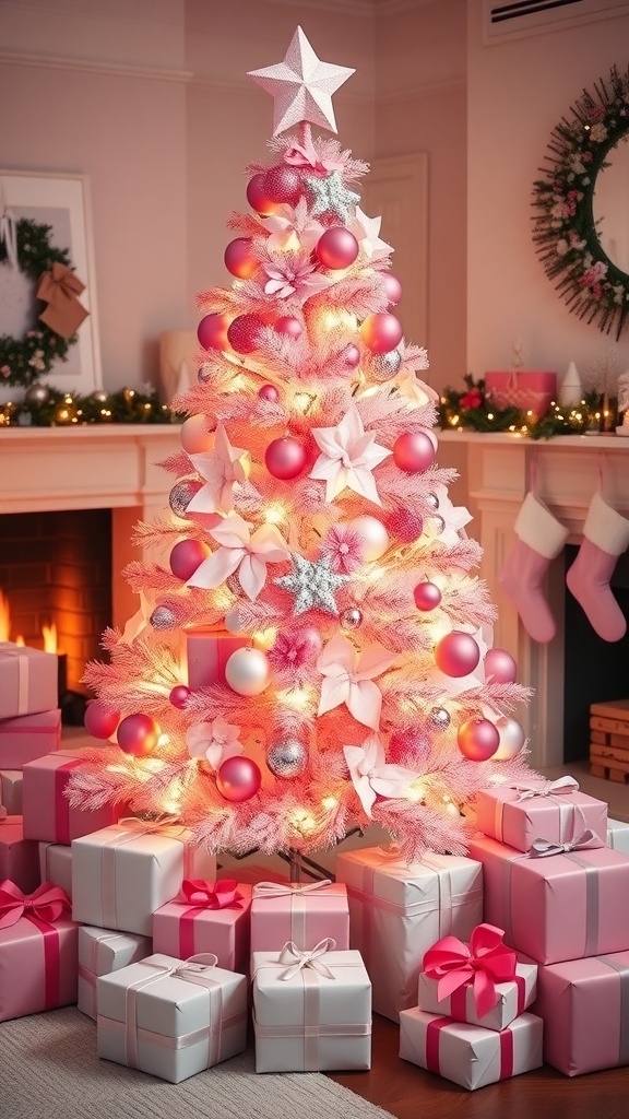Pink Christmas Aesthetic Decor Ideas A pink-themed Christmas tree with pastel ornaments and gifts, creating a festive holiday atmosphere.